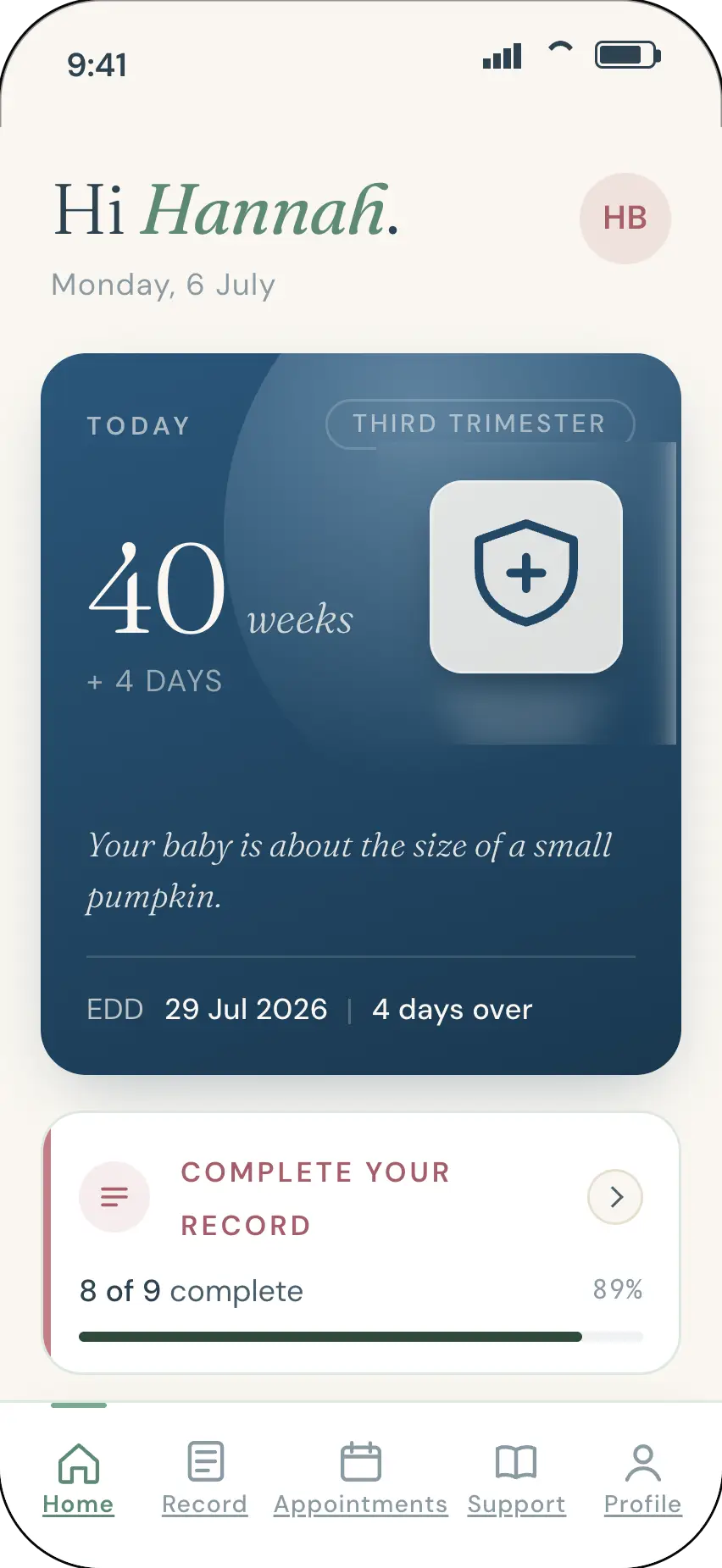The Olivia mother app home screen showing gestation, her care team's notes and her next appointment